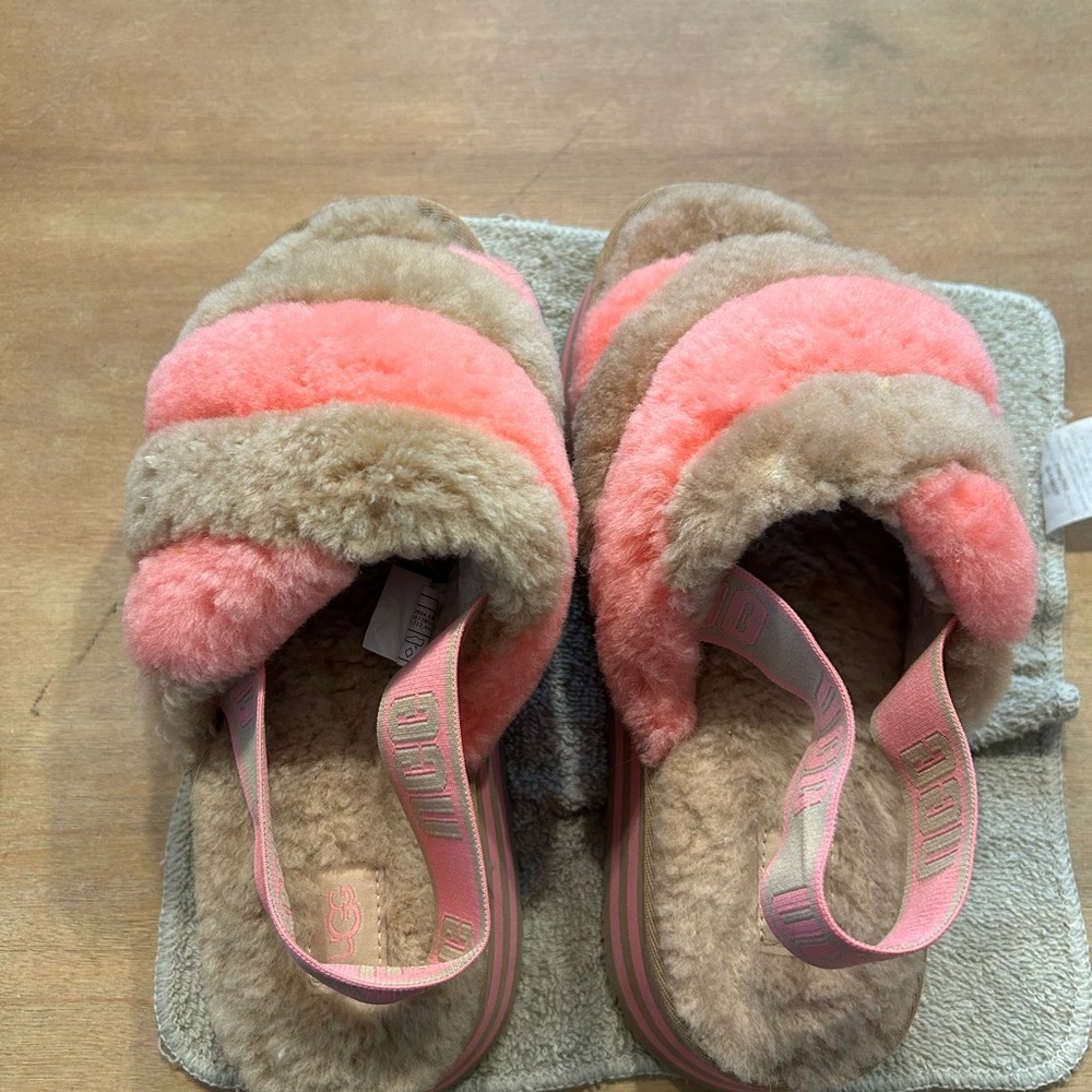 UGG Chestnut Disco stripe Pink and Tan Fuzzy Sandals